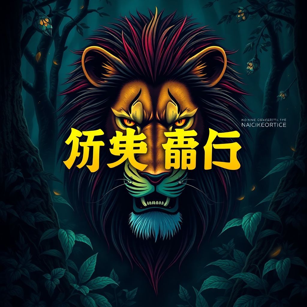 Rock AI Album Cover — A striking album cover for 'ライオンのフリ', featuring a stylized lion with exaggerated features, surrounded by dark forest elements; psychedelic colors, deep greens and moody blues, ethereal lighting; title integrated artistically in bold typography, sharp focus, high quality, 8k resolution, capturing both struggle and identity themes