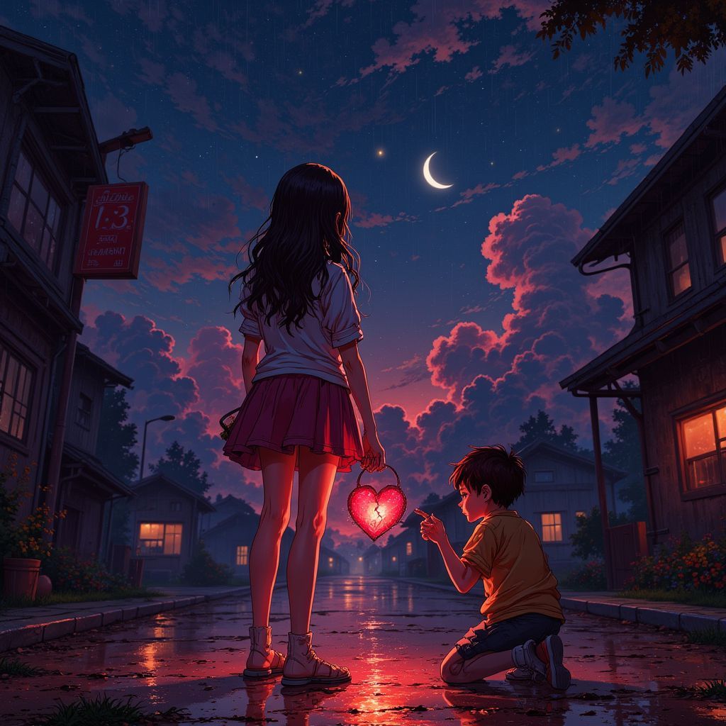 Afrobeat AI Album Cover — A dramatic Ghibsky-style illustration of a girl with her back turned, holding a cracked heart in her hand, standing confidently against a moody, rainy street backdrop with a boy kneeling in front, crying; vibrant red glow emanating from the heart, highly detailed, 8k resolution, emotional and cinematic atmosphere.