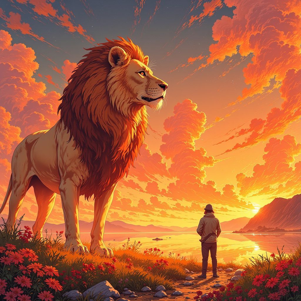 Rock AI Album Cover — A Ghibsky-style illustration featuring a lone figure with a majestic lion's mane amidst a dreamlike landscape, vibrant colors of orange and gold reflecting strength and vulnerability; soft, ethereal lighting with wisps of clouds, highly detailed and artistic, capturing the essence of rock identity and struggle, 8k resolution