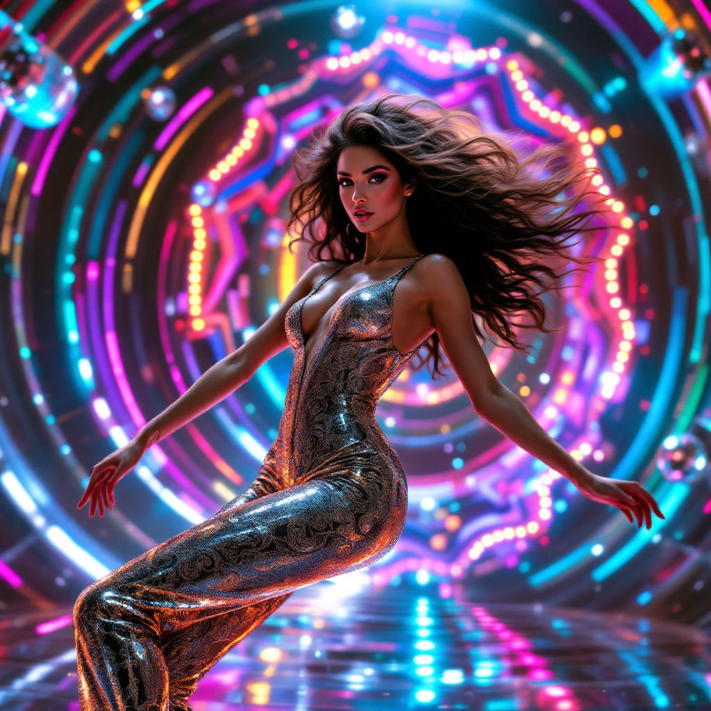 Disco AI Album Cover — retro disco dancer mid-spin, pop art style, vivid motion capture, reflective silver and gold, sparkling background, high quality, vibrant energy, cinematic motion, 8k definition