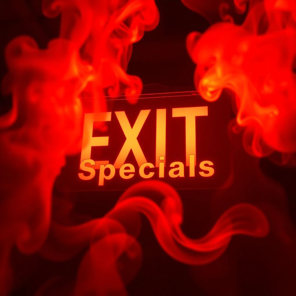 Soundtrack AI Album Cover — A close-up of an illuminated exit sign framed by abstract, swirling smoke in vibrant reds and yellows, integrating the title "Rehab Specials" with fluid, dynamic typography; psychedelic visuals, moody atmosphere, sharp focus, highly detailed, capturing a sense of movement and emotion, 8K resolution.