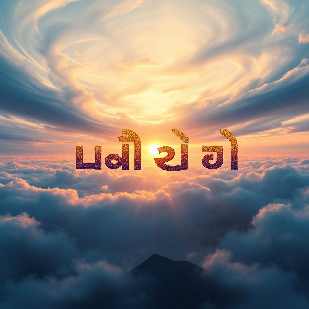 Rock AI Album Cover — A surreal album cover illustrating a mystical landscape, with the title "මැවෙනා අපේ මතකේ" crafted in bold, dynamic typography against a backdrop of swirling clouds and a distant horizon; rich blues and purples contrasted with golden light, photorealistic, high quality, artistic and imaginative composition.