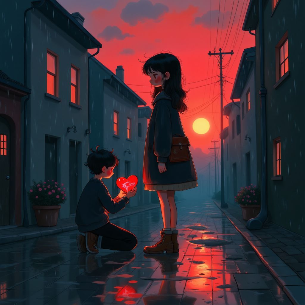 Afrobeat AI Album Cover — A dramatic illustration of a girl with a cracked heart in her hand, standing confidently with her back turned, in a moody rainy street scene. The boy kneels in front, crying, set against a dim sunset background; vibrant reds and deep blues; ethereal lighting, highly detailed, 8k resolution, capturing emotional heartbreak.