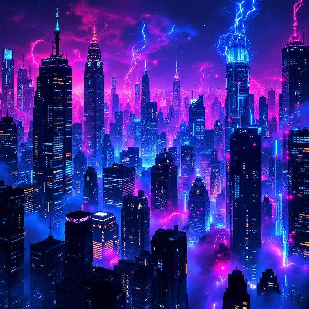 EDM AI Album Cover — A dystopian EDM album cover titled 'Armageddon', featuring a vibrant city skyline engulfed in neon colors, psychedelic light trails swirling around, creating a sense of chaos and energy; dreamlike atmosphere, with dark undertones and electric blues and purples, highly detailed, 8k resolution, professional style