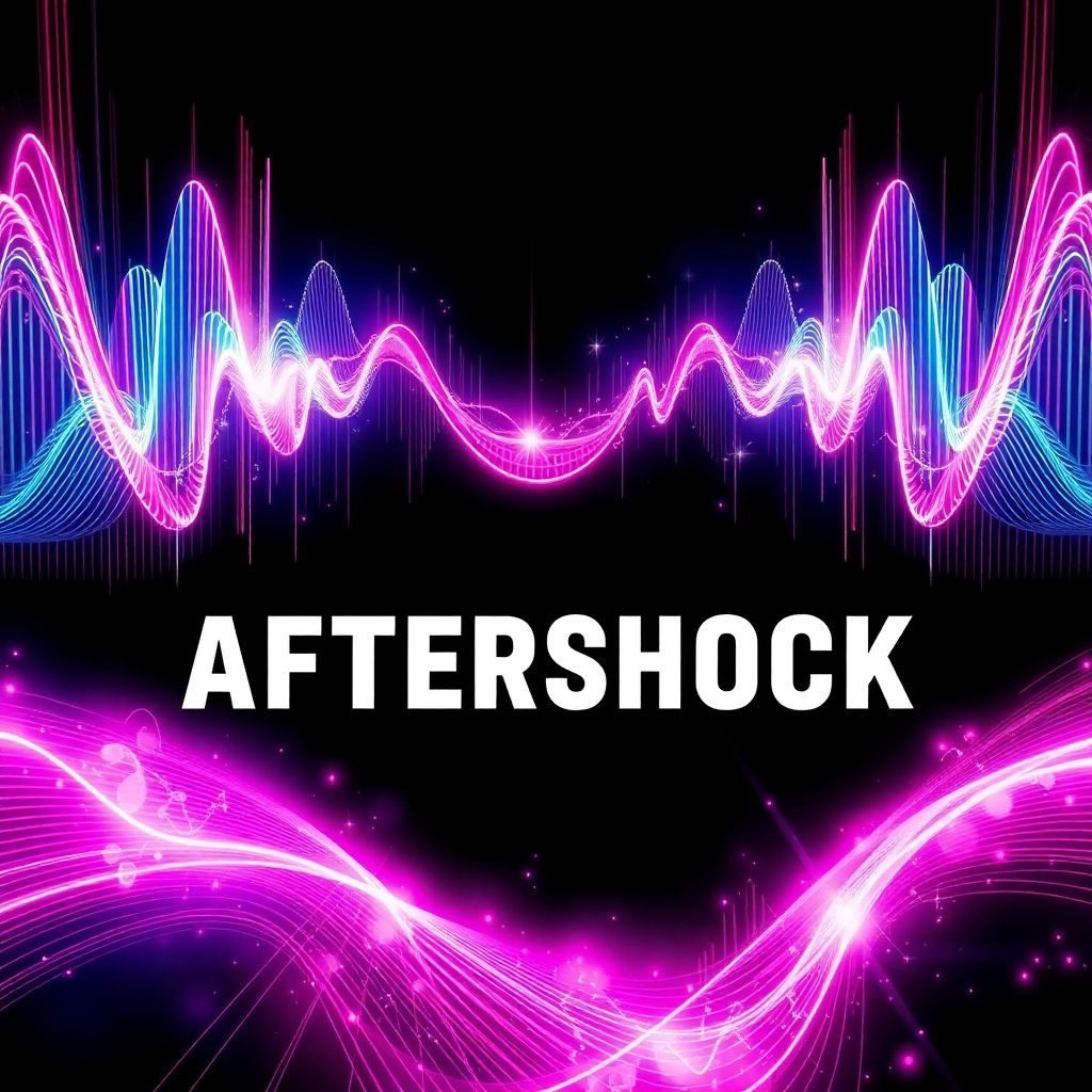 House AI Album Cover — A vibrant, abstract music album cover for the house song "Aftershock", featuring dynamic soundwave patterns and pulsating light bursts; a colorful palette of neon pinks, blues, and purples contrasting with dark backgrounds, incorporating the title as a central graphic element, highly detailed, 8k resolution, energetic and immersive feel.