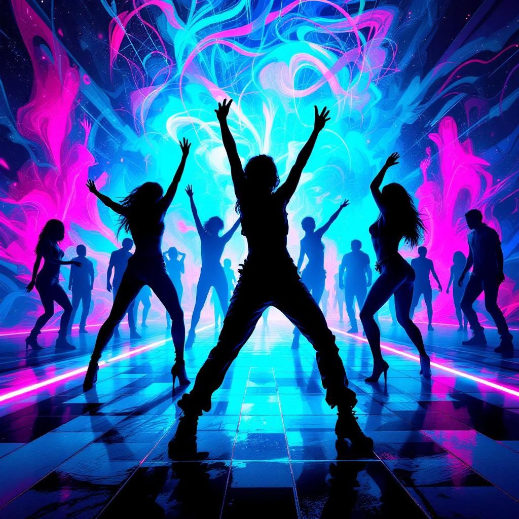 House AI Album Cover — A vibrant house music album cover titled 'Aftershock', featuring a neon-lit dance floor with silhouettes of dancers in dynamic poses; psychedelic colors with swirling patterns, a blend of electric blues and vivid pinks, highly detailed with sharp focus, capturing an energetic and euphoric atmosphere, 8k resolution.