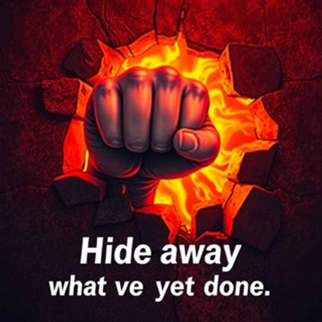 Rock AI Album Cover — A gripping rock album cover featuring a powerful fist breaking through a wall, embodying resilience and friendship; vibrant colors of red and orange, dynamic lighting highlighting the tension; text 'Hide away what we've yet done' integrated seamlessly with the imagery, high contrast, 8k resolution, highly detailed, intense atmosphere