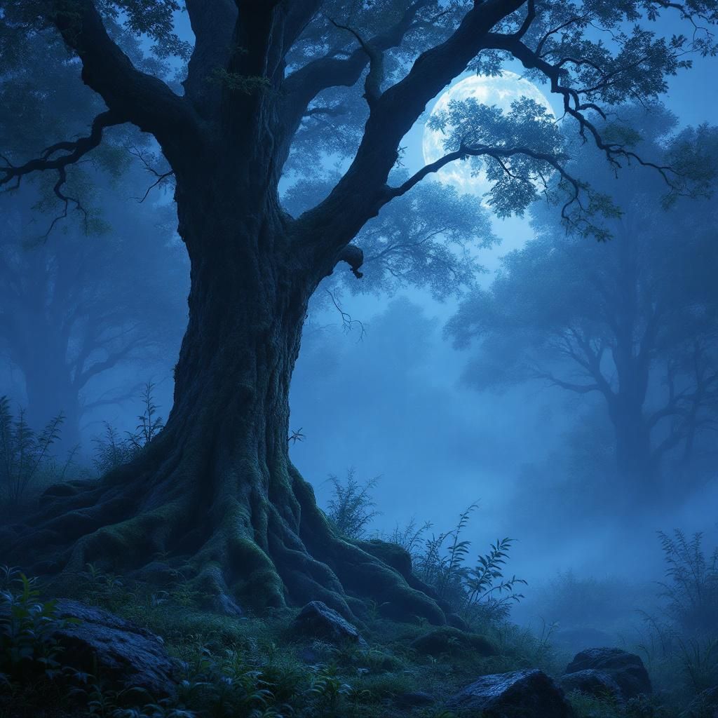 Trance AI Album Cover — Ultra-realistic night landscape of a misty forest under moonlight, soft fog enveloping towering trees, deep blue and teal tones dominating the scene, high detail and sharp focus, emotional and tranquil atmosphere, 8k resolution, cinematic photography style.