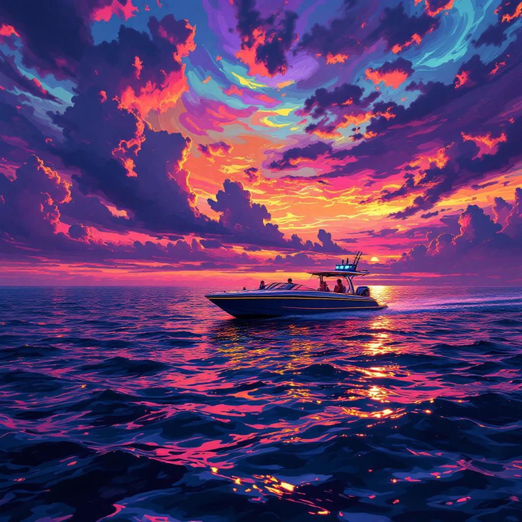 Disco AI Album Cover — A vibrant disco album cover featuring a pleasure boat cruising across a sparkling sea at sunset; psychedelic colors of orange, pink, and purple reflecting on the water, with party lights illuminating the boat, moody and energetic atmosphere, highly detailed, 8k resolution, capturing the essence of freedom and joy in the disco era.