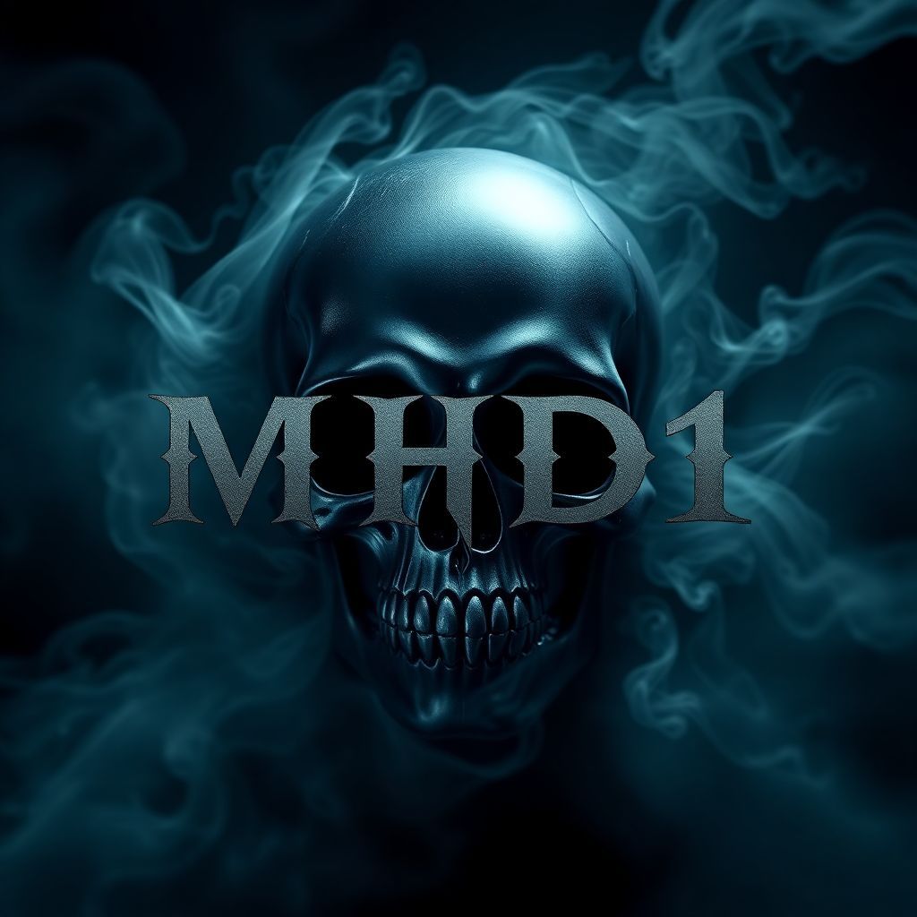 Metal AI Album Cover — A dark, ethereal album cover featuring a metallic skull surrounded by swirling mist, incorporating the title "MHD1" as part of the design, in bold, jagged font; high contrast lighting, deep blues and blacks, highly detailed and moody atmosphere, 8K resolution, giving a sense of intensity and depth