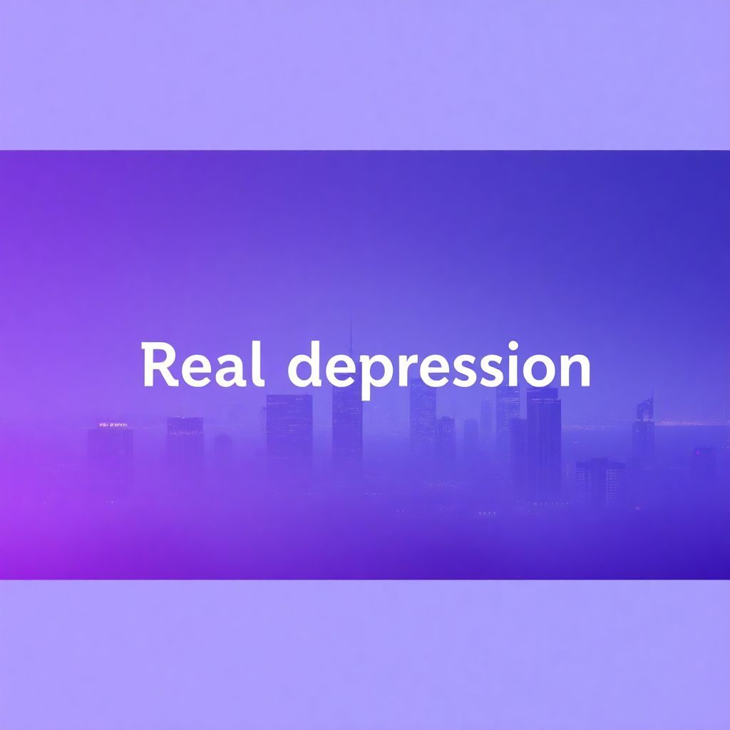 Lo-Fi AI Album Cover — A melancholic lo-fi album cover featuring an abstract cityscape at night, blending dreamy pastel colors of purple and blue; the text "Real Depression" integrated within the skyline, artistic typography, soft glows and shadows to create an atmospheric feel, highly detailed, 8k resolution, calming yet introspective vibe