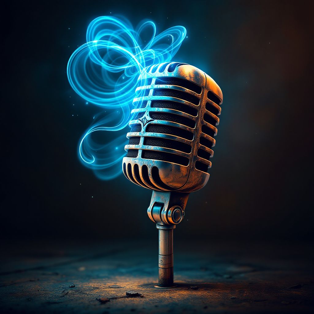 Soul AI Album Cover — Retro microphone with glowing sound waves, surreal style, warm earth tones, dynamic lines, ethereal atmosphere, sharp focus, 8k resolution, professional, vibrant detail
