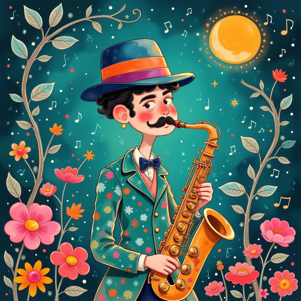 Jazz AI Album Cover — A whimsical jazz album cover featuring a suave saxophonist with a vibrant bowler hat, surrounded by swirling musical notes and colorful trumpet blooms, in a psychedelic style; ethereal lighting with a dreamy blue and gold color palette, highly detailed, 8k resolution, joyous and lively atmosphere