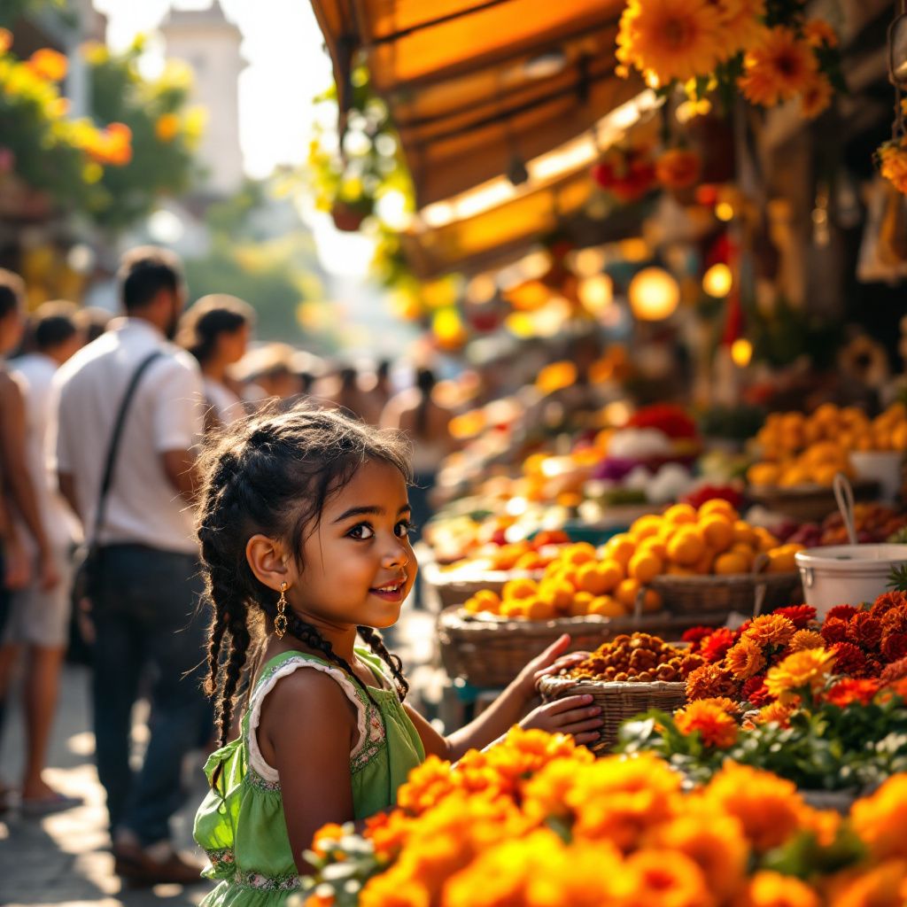 Latin AI Album Cover — Traditional Latin market scene, cinematic look, bustling with people, vibrant yellows and greens, lively and energetic under natural light, detailed and deep focus