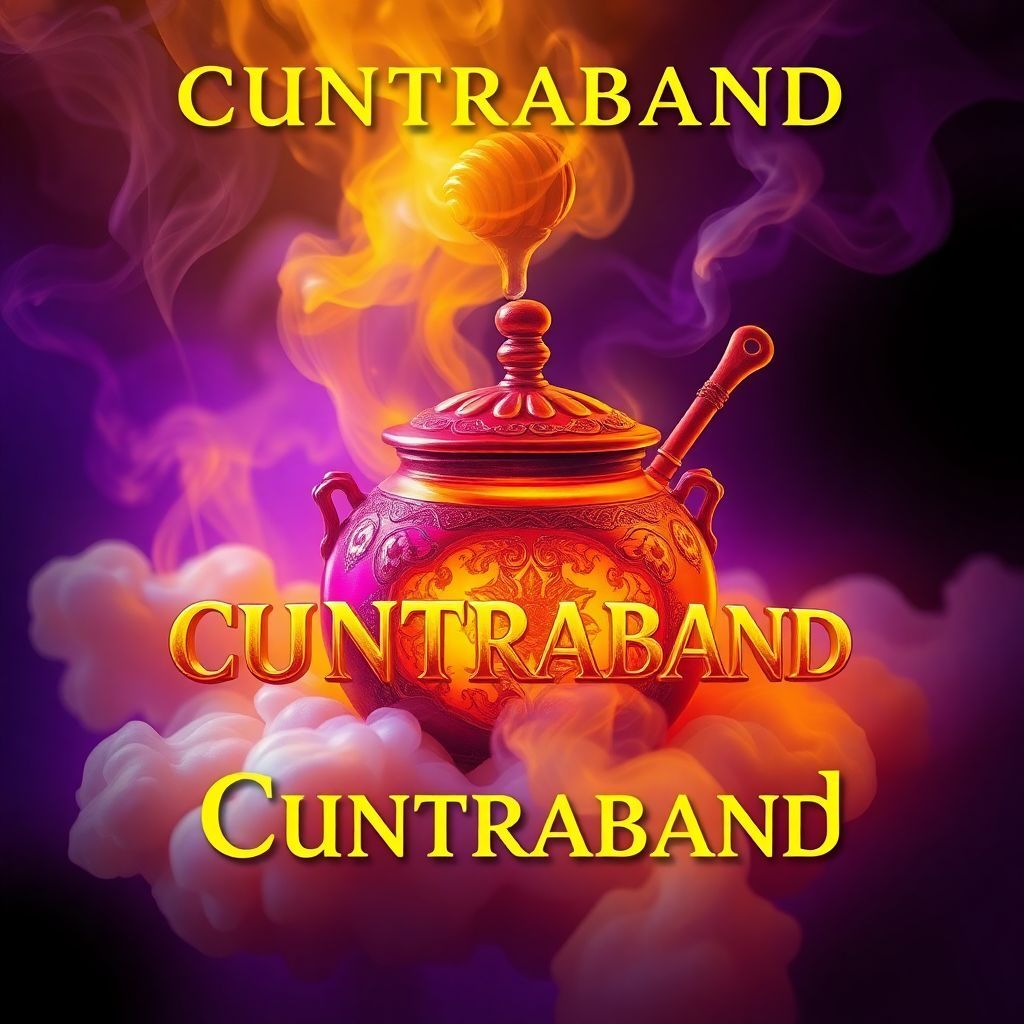 Soundtrack AI Album Cover — A surreal album cover titled "Cuntraband", depicting a richly detailed, illustrated honey pot surrounded by ethereal, glowing smoke; warm golden and deep purple hues, dreamlike atmosphere, high contrast, magical realism, highly detailed, 8k resolution.