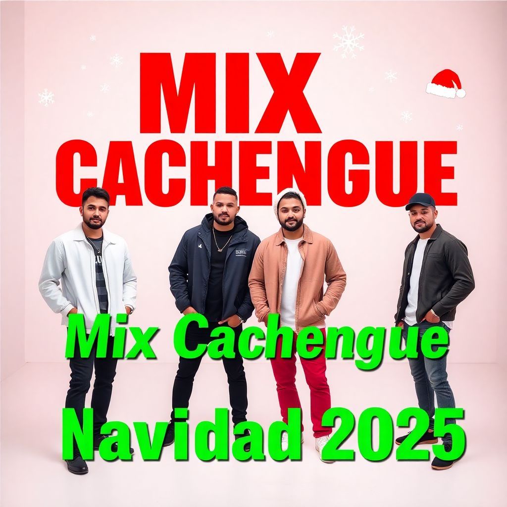Latin AI Album Cover — A vibrant album cover featuring four charismatic male artists posing confidently in a minimalistic studio; dressed in modern urban outfits, infused with a festive touch of Christmas, with a large bold 'Mix Cachengue - Navidad 2025' title in intense red dominating the background, subtle festive graphics like snowflakes and minimalist Santa hats enhancing the atmosphere, green text accents representing the lively cumbia genre, highly detailed, 8k resolution, vibrant color palette
