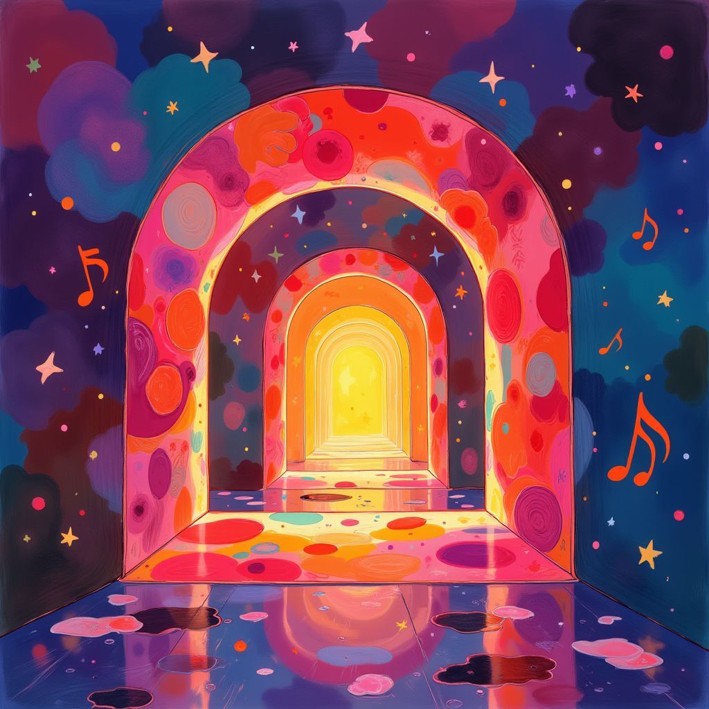 Dance AI Album Cover — A vibrant dance album cover featuring a colorful abstract hallway filled with swirling lights and music notes, ethereal lighting creating a dreamlike atmosphere; psychedelic style with vivid reds, blues, and yellows, highly detailed, 8k resolution, capturing a joyful and energetic vibe