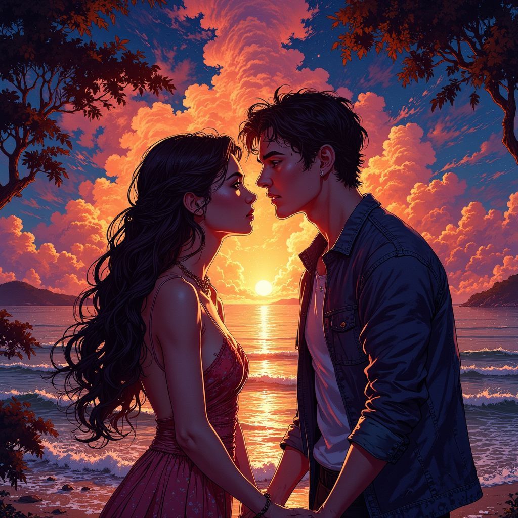 Rock AI Album Cover — A divided album cover illustration featuring two lovers, one side depicting a passionate kiss and the other a heated argument; in the Ghibsky style, vibrant colors and moody lighting, ethereal atmosphere, highly detailed, 8k resolution, capturing the emotional conflict of love obsession
