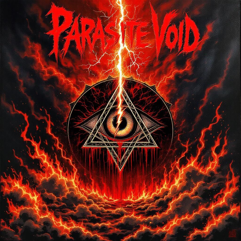 Metal AI Album Cover — An 80's-inspired hand-painted thrash metal album cover featuring a black and white outlined realistic Illuminati eye with a bloody lightning bolt piercing through it, surrounded by raging flames; set against a dark, stormy backdrop with red clouds; jagged, scrawled red lettering at the top stating 'PARASITE VOID', highly detailed, 8k resolution, moody and intense atmosphere