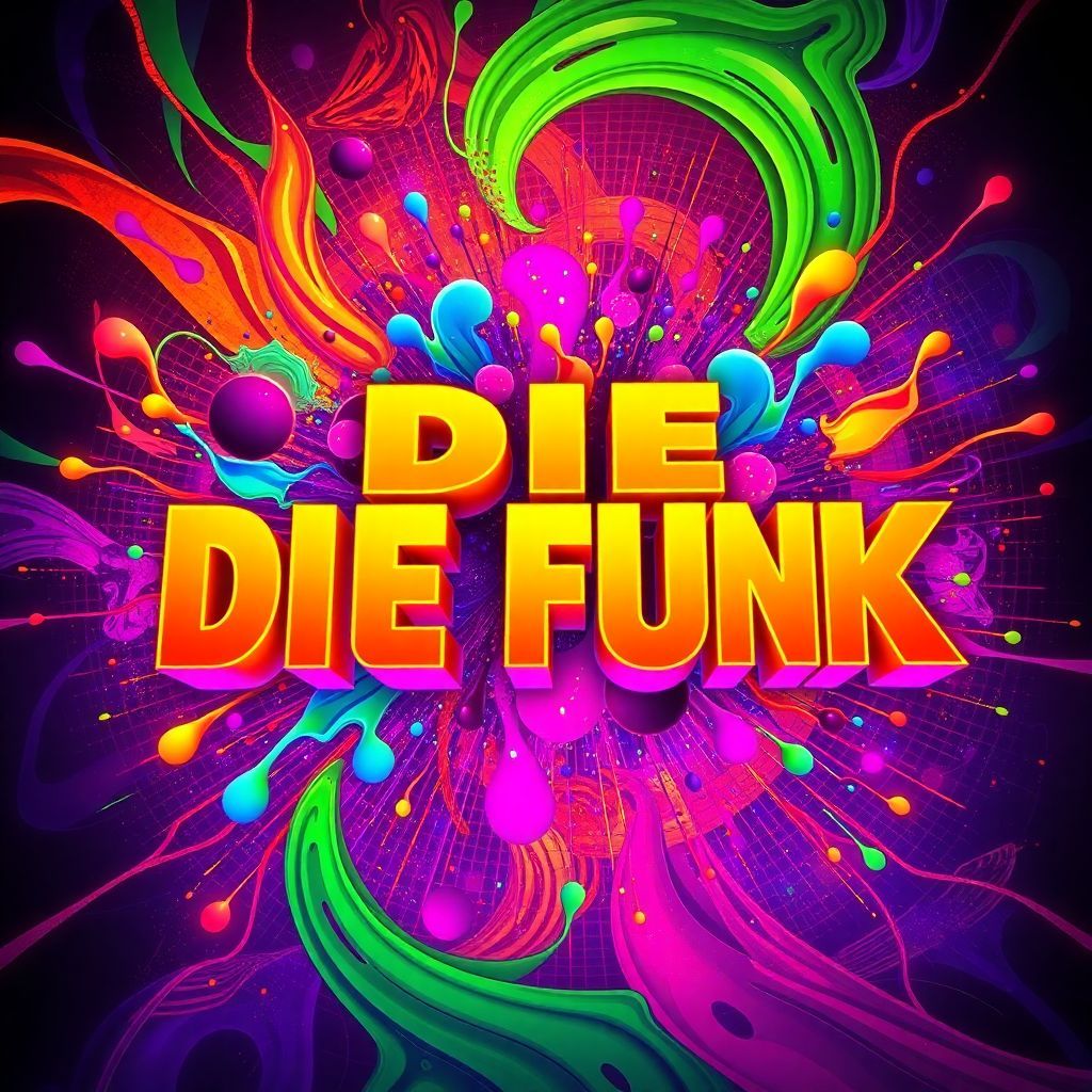 Funk AI Album Cover — An intense and vibrant album cover featuring the title "DIE FUNK" in bold, dynamic typography surrounded by colorful abstract shapes and splashes; psychedelic patterns swirl in the background, evoking a funky atmosphere, warm neon lighting intertwining with deep purples and greens, highly detailed, 8k resolution