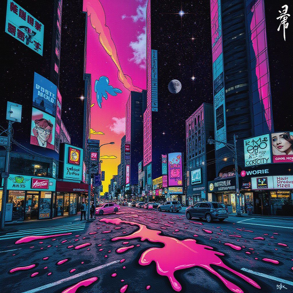 Rap AI Album Cover — A surreal illustration-style album cover featuring an urban landscape intertwined with abstract elements; half photo-real cityscape transitioning into hand-drawn doodles symbolizing chaos and emptiness. The lighting is moody, with deep shadows and glimpses of neon colors, creating a highly detailed 8k design.