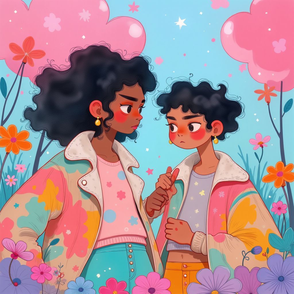 R&B AI Album Cover — A whimsical album cover featuring a stylish young couple communicating through body language, surrounded by colorful abstract shapes; dreamy lighting, vibrant palette with pinks and blues, ethereal atmosphere, highly detailed, 8k resolution, capturing the essence of RnB vibes