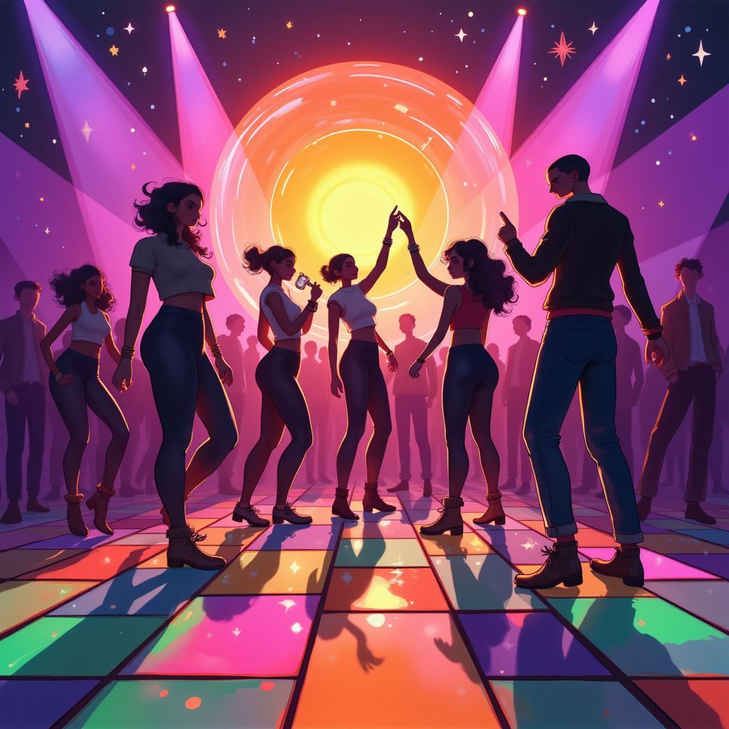 Funk AI Album Cover — A funky disco party scene with a vibrant colorful dance floor, silhouettes of dancers in dynamic poses, swirling lights and psychedelic patterns in the background; bright neon colors like purple, orange, and green, upbeat atmosphere, high contrast lighting, highly detailed illustration, 8k resolution