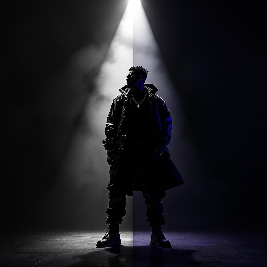 Trap AI Album Cover — A bird's-eye view of a character in a stylish trap outfit, looking away from the camera; spotlight illuminating him against a split background, left in black and white, right in vibrant neon colors, cinematic lighting, highly detailed, 8k resolution, creating an ethereal yet moody atmosphere.