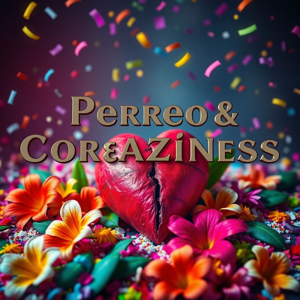 Reggaeton AI Album Cover — An ethereal reggaeton album cover with "Perreo & Corazones Rotos" in bold, stylish lettering; showcasing a surreal scene of a broken heart surrounded by tropical flowers and colorful confetti, vibrant color palette, moody lighting, dreamy atmosphere, sharp focus, highly detailed, 8k resolution.