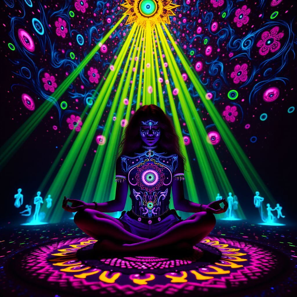 Trance AI Album Cover — An ethereal black light scene with a central figure meditating amidst vibrant light rays and cosmic patterns; a color palette of intense yellows and deep blues, psychedelic effects, 8k resolution, highly detailed with glowing accents.