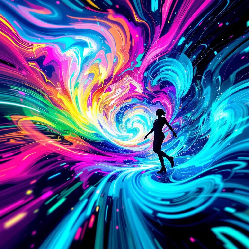 Dance AI Album Cover — A vibrant dance music album cover featuring abstract waves of colorful light pulsating around a silhouette of a dancing figure; psychedelic and surreal style, dynamic movement, bright neon colors like electric blue and hot pink, capturing the joy of repetition and rhythm, high quality, 8k resolution, energetic atmosphere.