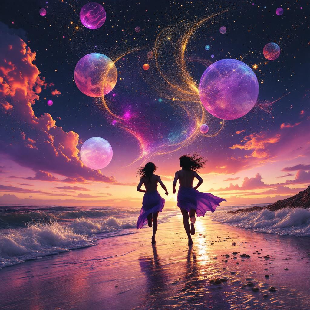 R&B AI Album Cover — A surreal album cover depicting two figures barefoot on a dreamy beach, running under a twilight sky; vibrant colors of purple, pink, and gold reflecting their emotional journey; ethereal lighting, abstract shapes in the sky representing dreams and fears, 8k resolution, highly detailed with a soft focus atmosphere.