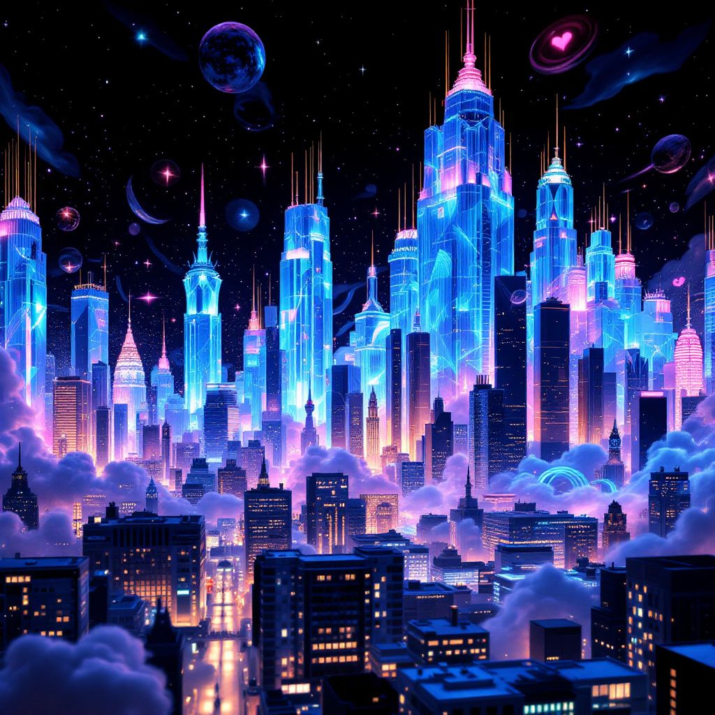 EDM AI Album Cover — A holographic cityscape coming to life with music, surreal with rich hues of blues and purples, wide lens perspective, dynamic atmosphere in photorealistic 8k
