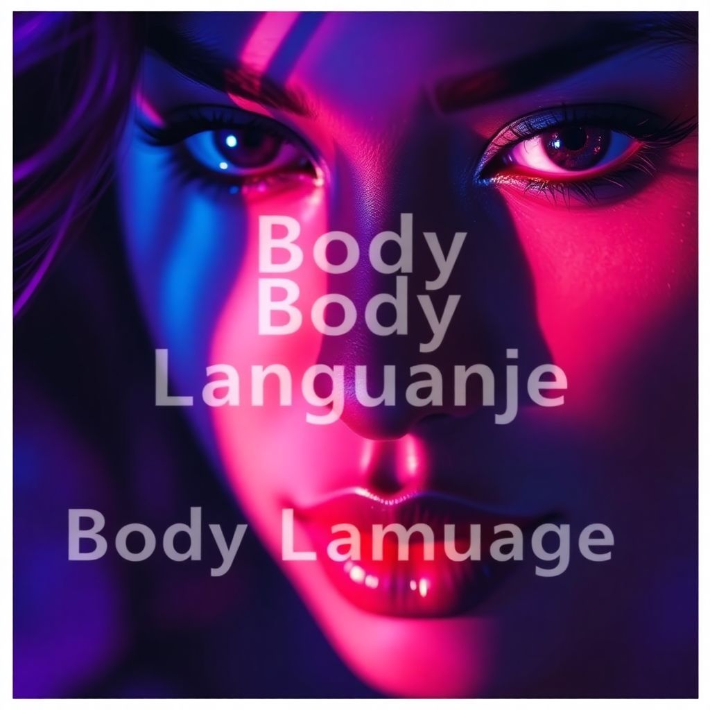 R&B AI Album Cover — An ethereal RnB album cover featuring a close-up of a woman's expressive eyes, filled with emotion; the title title integrated into a dreamy, vibrant color scheme of purples and blues with soft glowing light, capturing the essence of body language and connection, highly detailed, 8k.