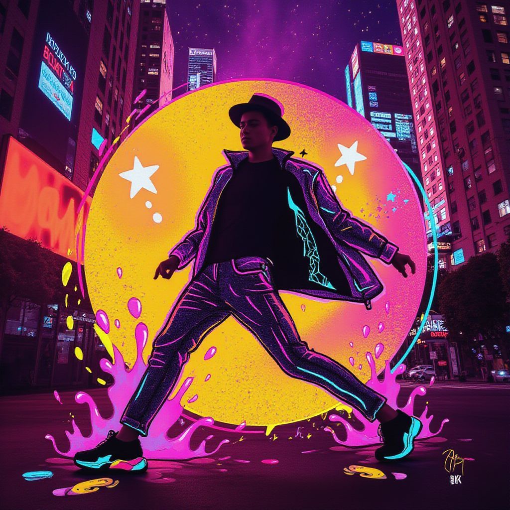 Dance AI Album Cover — A vibrant dance album cover featuring a dynamic silhouette of a dancer mid-move, half illustrated with colorful, abstract patterns, half photorealistic city skyline in the background; warm neon colors, energetic lighting, ethereal glows, high contrast, dynamic and lively atmosphere, 8k resolution, highly detailed
