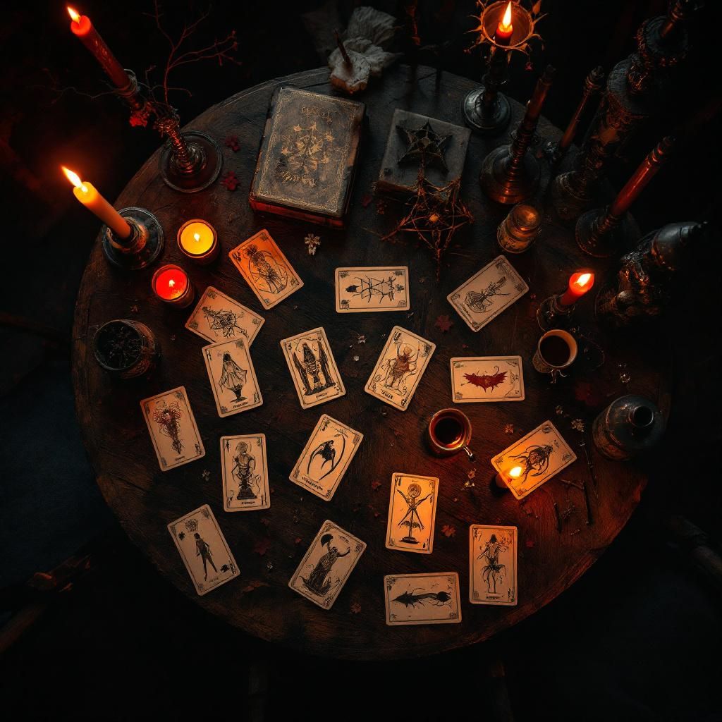 Blues AI Album Cover — A moody, cinematic overhead shot of a dimly candlelit voodoo parlor, featuring vintage tarot cards spread chaotically on a worn wooden table; warm candlelight casting deep shadows, soft focus on the edges; rich browns and muted creams contrasted with glowing red; highly detailed, atmospheric feel, perfect for a blues album back cover.