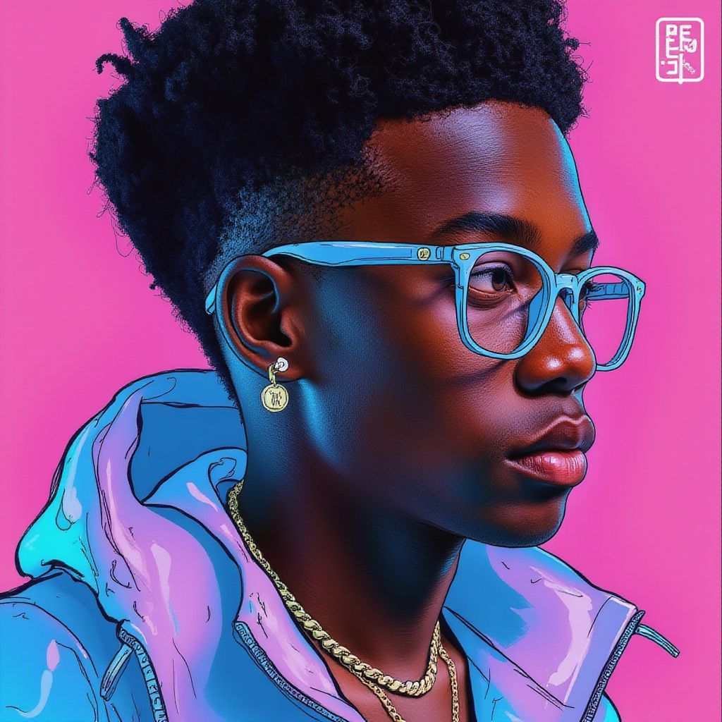 Rap AI Album Cover — A dynamic album cover featuring a half-illustrated, half-photographic portrait of a young artist with a flashy style, blending urban street art with soft pastel colors, highlighted by moody lighting, capturing a sense of introspection and confidence, 8k resolution, highly detailed, TOK aesthetic, vibrant yet gritty atmosphere.