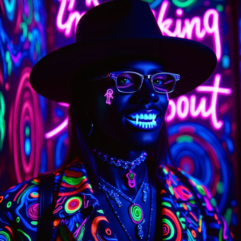 Trap AI Album Cover — A vibrant black light album cover featuring a black rapper showcasing flashy grillz and luxurious jewels, close-up shot against a surreal, neon-lit background; the words 'Im talking bout' emerging mysteriously in glowing graffiti style; highly detailed, 8k resolution, moody and engaging atmosphere, psychedelic color palette with radiant blues and purples.