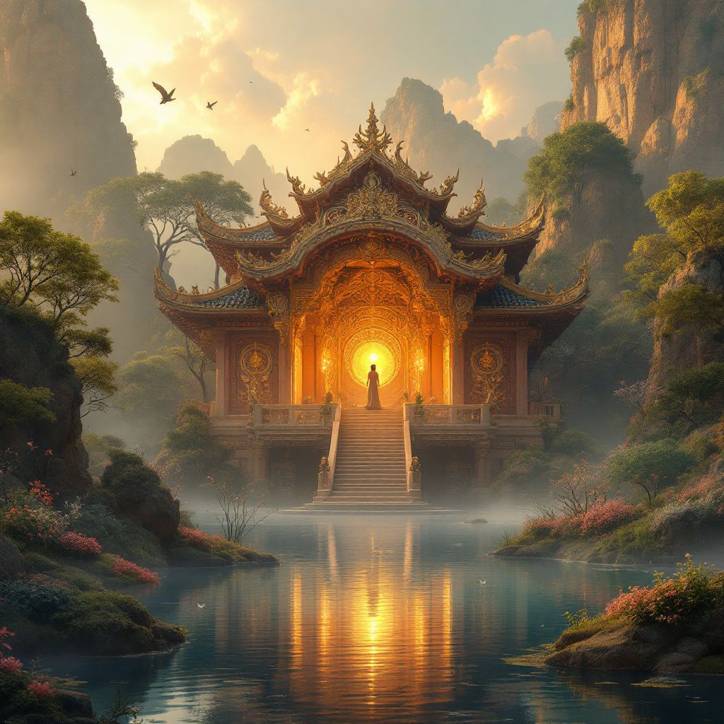 Meditation AI Album Cover — A meditative temple in a serene landscape, surreal and dreamy style, high quality, ambient lighting, warm earth tones, intricate architectural details, peaceful atmosphere