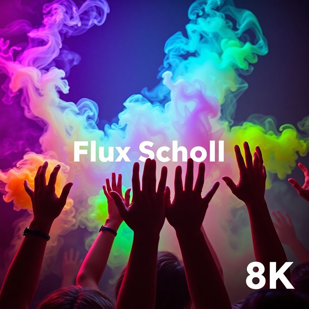 Soundtrack AI Album Cover — A vibrant, energetic album cover featuring raised hands and colorful smoke swirling around them, with the text "Flux Schnell" integrated as a flowing part of the rhythm, dynamic composition, surreal and psychedelic style, 8k resolution, lively atmosphere, bright neon colors, highly detailed, capturing excitement and movement.