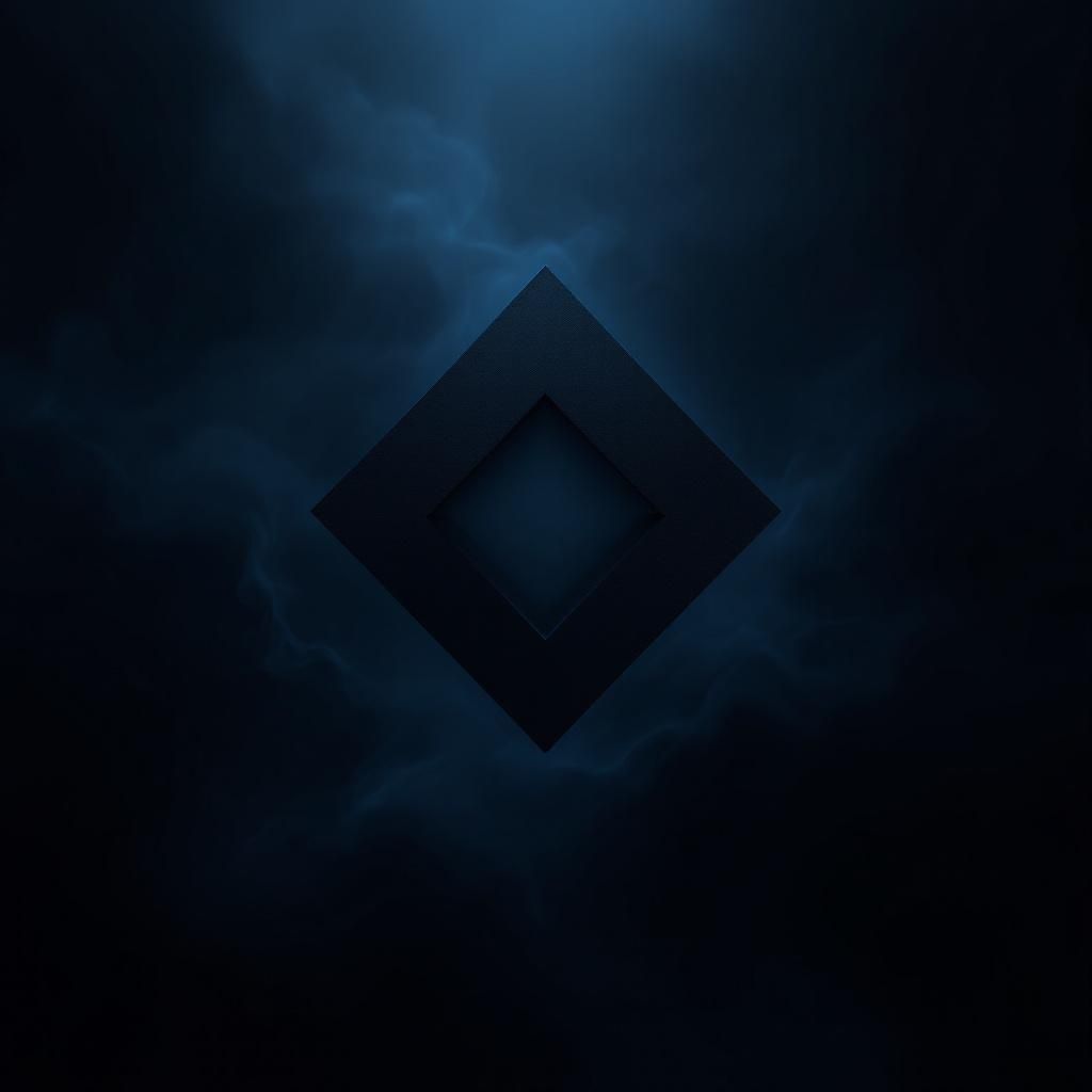 Techno AI Album Cover — A minimalist dark techno album cover featuring an abstract geometric shape in the center, surrounded by swirling mist; moody lighting with deep blacks and hints of neon blue, creating a mysterious atmosphere; high contrast and sharp focus, highly detailed and photorealistic, 8k resolution