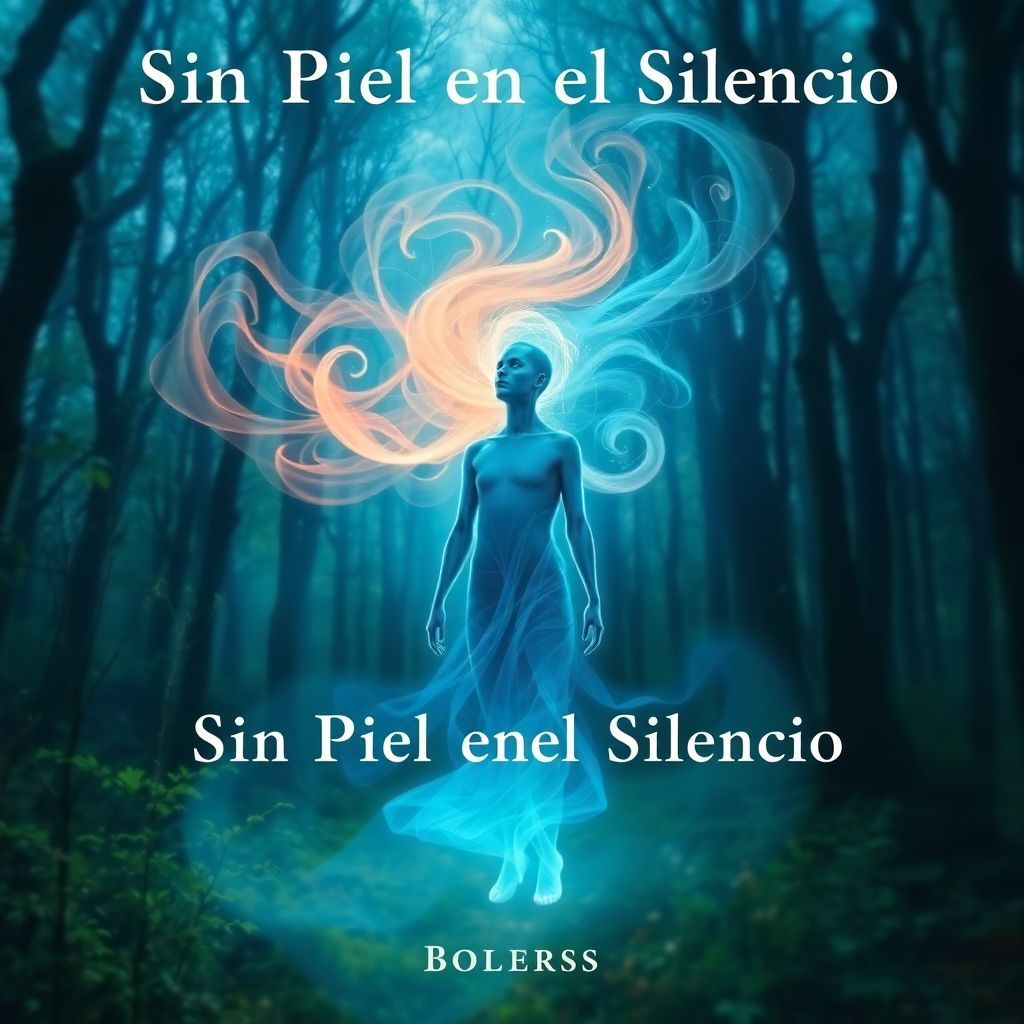 Latin AI Album Cover — A surreal album cover for 'Sin Piel en el Silencio', featuring a translucent figure in a dreamlike forest, emotions depicted as swirling colors around them; ethereal lighting, vibrant hues of blue and green, high detail, 8k resolution, with the title integrated harmoniously into the scene, creating an introspective and evocative atmosphere.