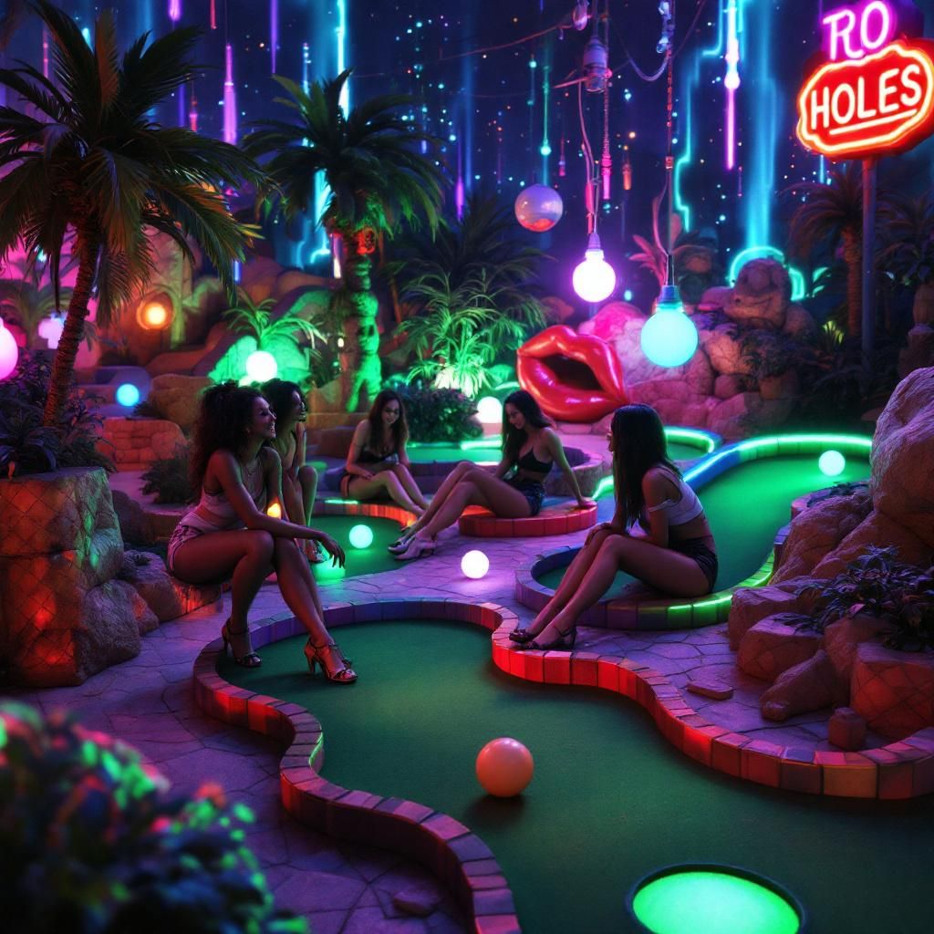 Americana AI Album Cover — A vibrant 80s-style album cover depicting a whimsical miniature golf course named 'Holes'; exaggerated adult-themed hazards like giant lips and outrageous sculptures, featuring a group of playful coeds laughing and engaging in cheeky antics under bright, neon colors; high contrast, cinematic lighting, 8k resolution, photorealistic details, nostalgia-infused atmosphere