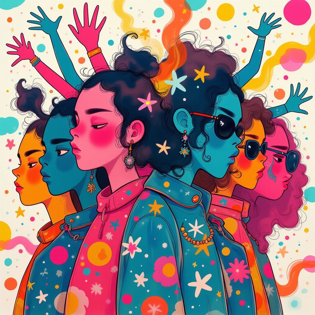 Hip-Hop AI Album Cover — A vibrant hip-hop album cover featuring multiple overlapping silhouettes of diverse individuals expressing joy and unity, surrounded by colorful graffiti art and abstract shapes; dynamic composition, chaotic yet harmonious, bright and saturated colors like pink, blue, and yellow, highly detailed, 8k resolution, urban atmosphere, energetic and lively feel.