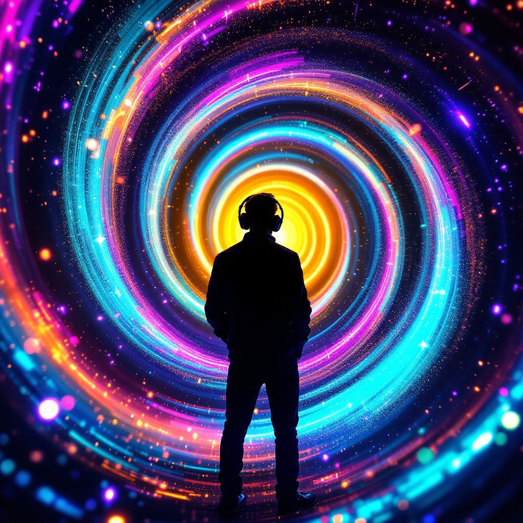 EDM AI Album Cover — Hypnotic spiral of light with a DJ silhouette, psychedelic and abstract, swirling vivid colors, intense depth and detail, professional and high quality
