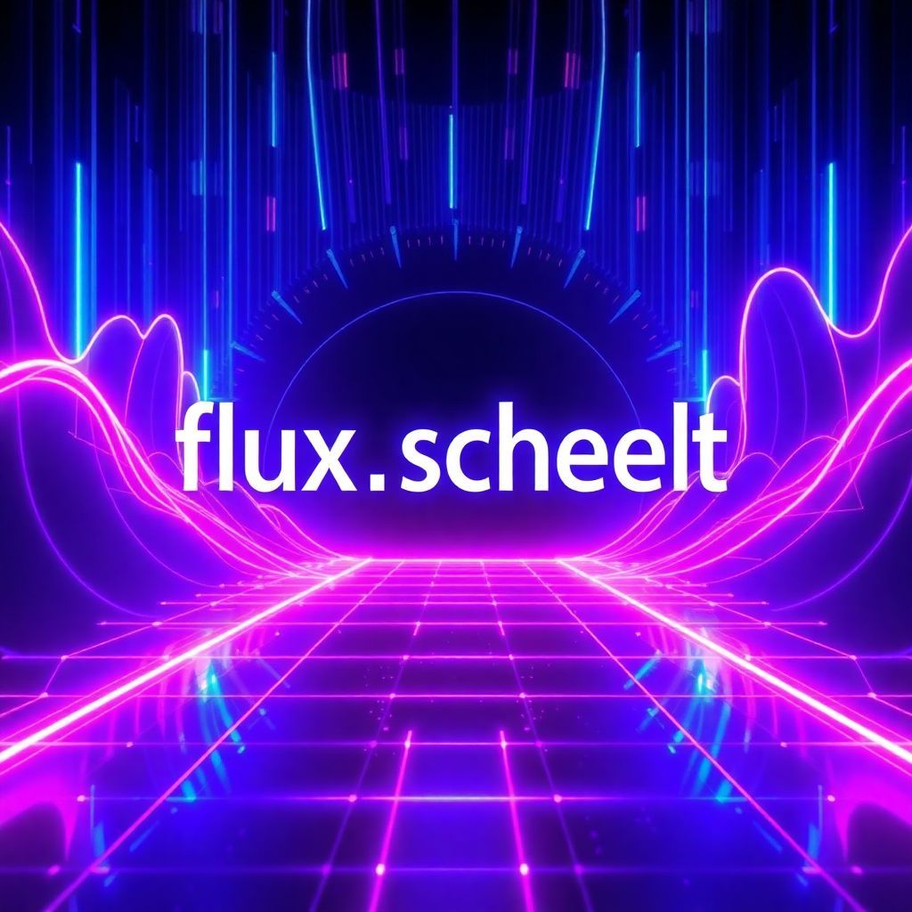 Techno AI Album Cover — A highly detailed, abstract techno album cover featuring dynamic sound waves and pulsing neon lights; colors of deep purple and electric blue, the title "flux schnell" integrated into the design in bold, futuristic typography; vibrant and moody atmosphere, reflecting an energetic and immersive sound experience, 8K resolution