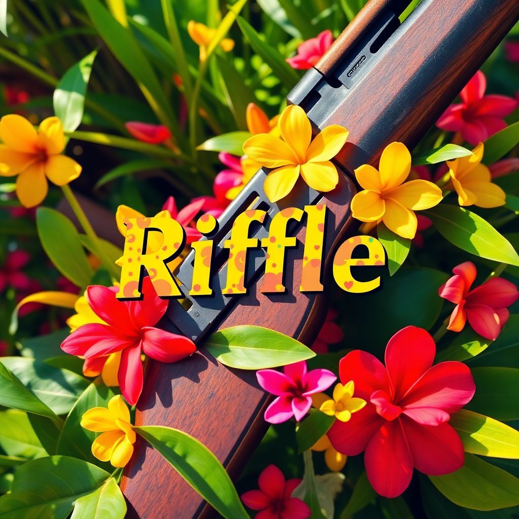 Reggae AI Album Cover — A vibrant reggae album cover with a close-up of a vintage rifle entwined with tropical flowers and green leaves; psychedelic colors like bright greens, yellows, and reds; clear and bold typography for the title "Rifle" integrated into the floral design; sunny, warm lighting for an uplifting, relaxed atmosphere, highly detailed, 8k resolution, capturing the essence of reggae music.