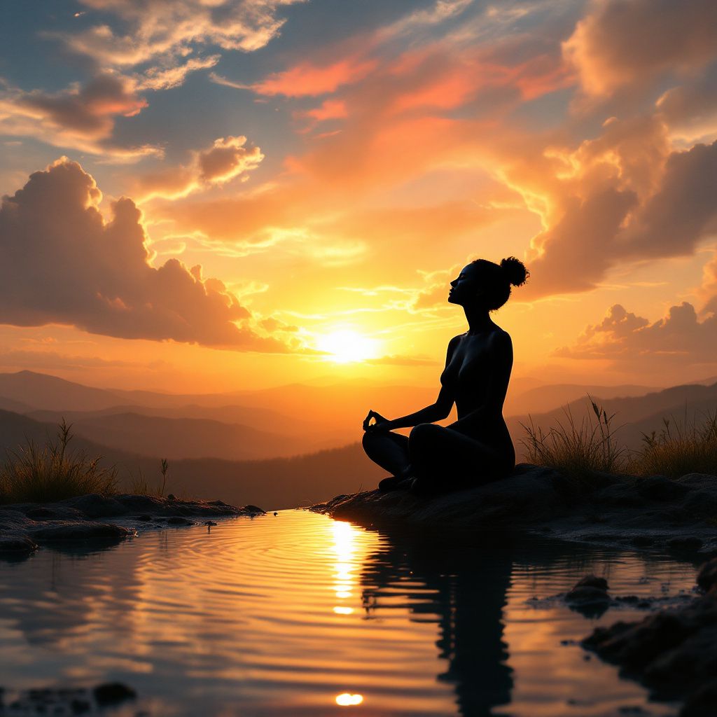 Meditation AI Album Cover — A meditating figure silhouetted against a setting sun, abstract and dreamy style, cinematic quality, gentle golden glow, warm oranges and pinks, highly detailed and serene atmosphere
