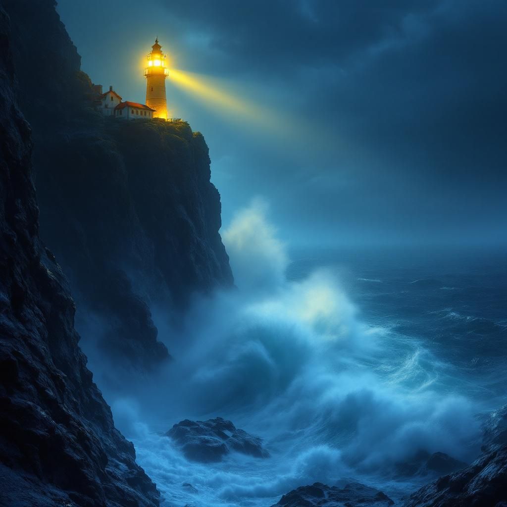 Soundtrack AI Album Cover — A dreamy soundtrack cover featuring a glowing lighthouse illuminating a dark cliffside, surreal waves crashing below, ethereal mist rising, vibrant yellows and deep blues, highly detailed with a cinematic atmosphere, soft lighting with a hint of fire, 8k resolution
