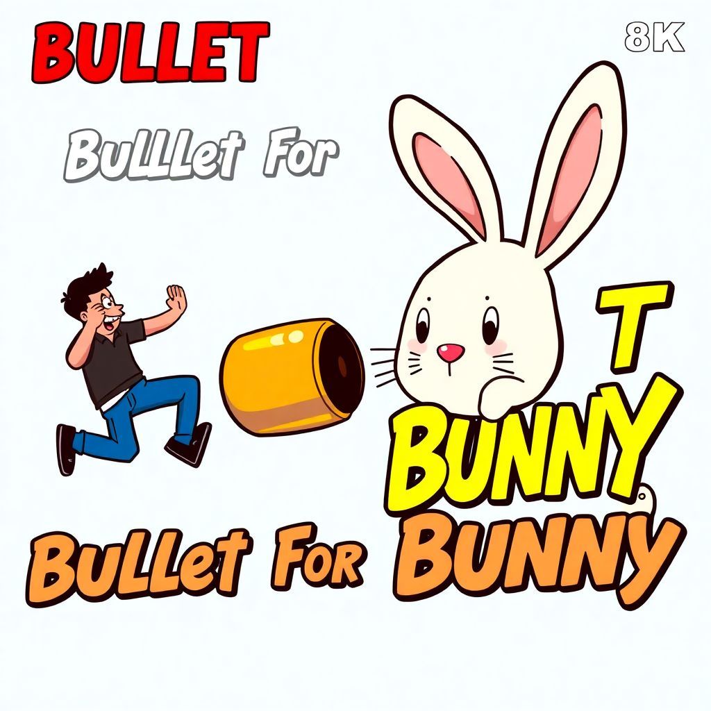 Punk AI Album Cover — A humorous punk album cover featuring a cartoon-style scene of a guy jumping in front of an exaggeratedly large bullet aimed at a cute bunny; bright, contrasting colors with bold outlines, playful typography incorporating the title "Bullet For Bunny" in an upbeat font, vibrant atmosphere, 8k resolution, comic-inspired aesthetic, highly detailed.